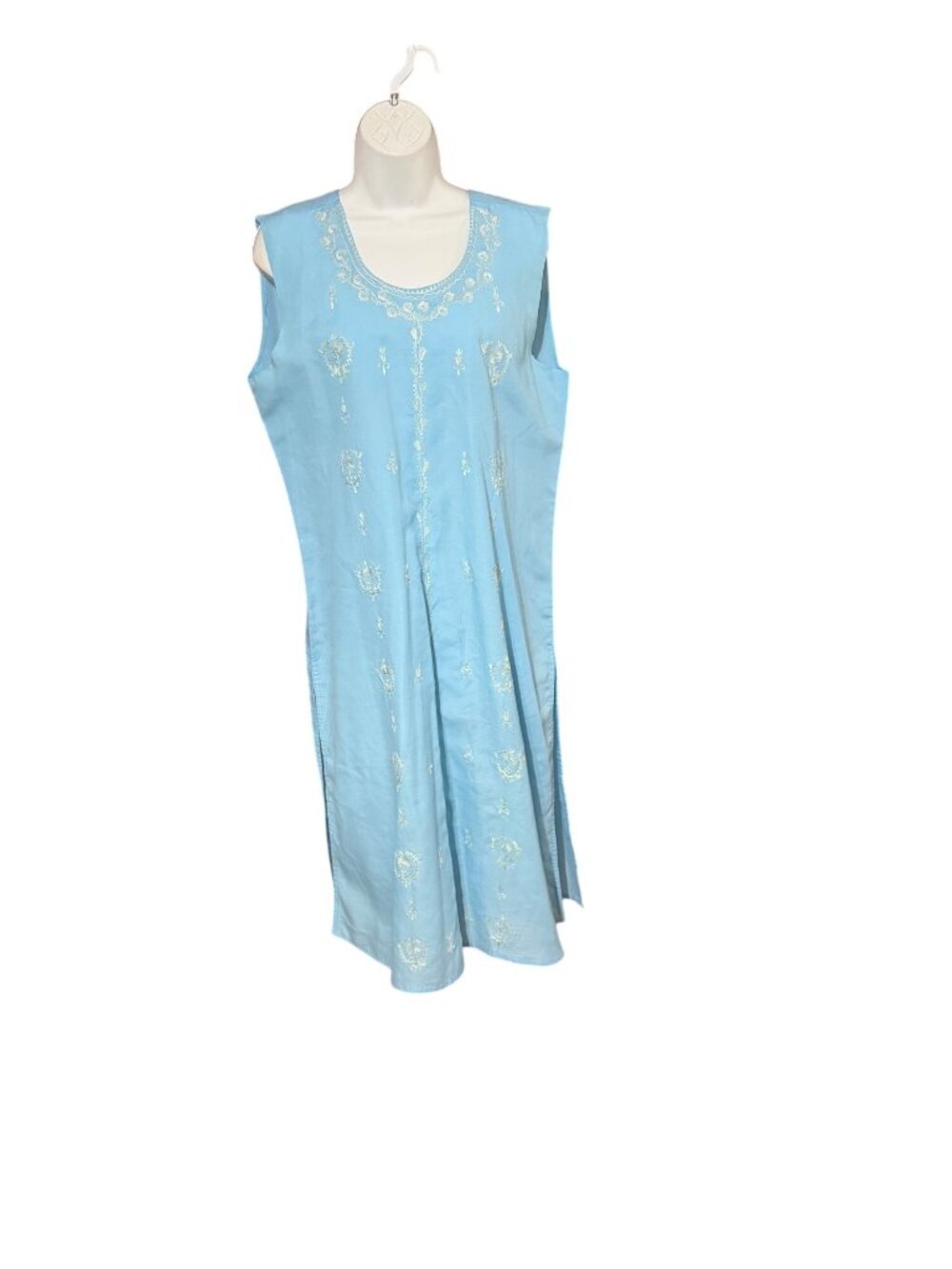 Vintage Handmade Light Blue Sleeveless Embroidered Dress With Floral Detailing &